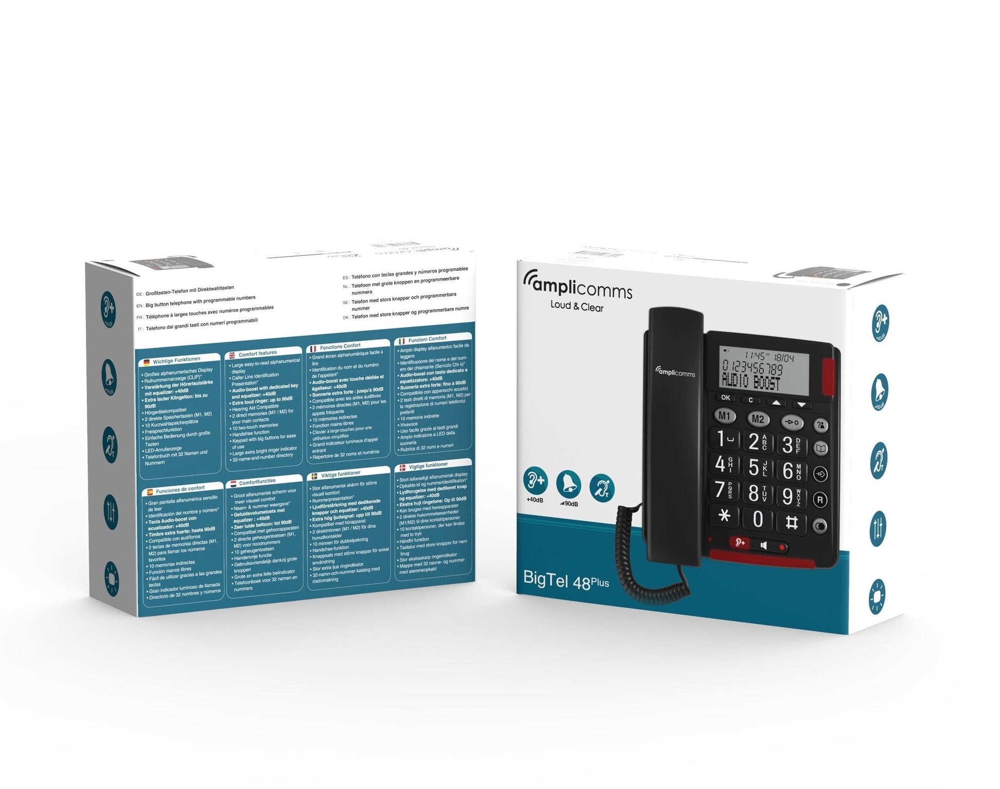 Black Amplicomms BigTel 48 Plus corded telephone with large buttons and audio boost for easy use.