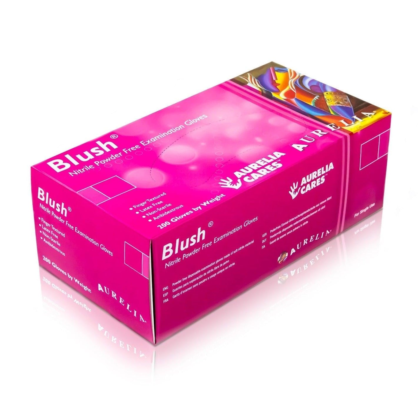 A box of 200 Aurelia® pink nitrile gloves, medium size, powder-free, showing the unopened box with gloves inside.