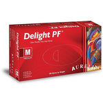 Aurelia Delight® 100 powder-free vinyl examination gloves in extra large size, shown laid flat for medical or hygiene use.