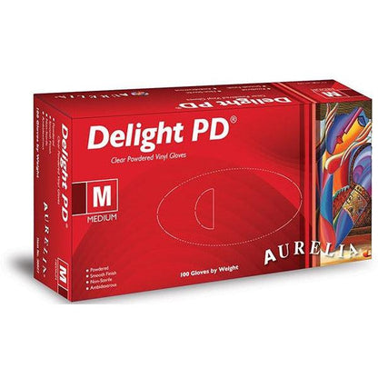 Aurelia® Delight Clear PD® powdered vinyl gloves in extra large size, showing transparent gloves with textured fingertips for grip.