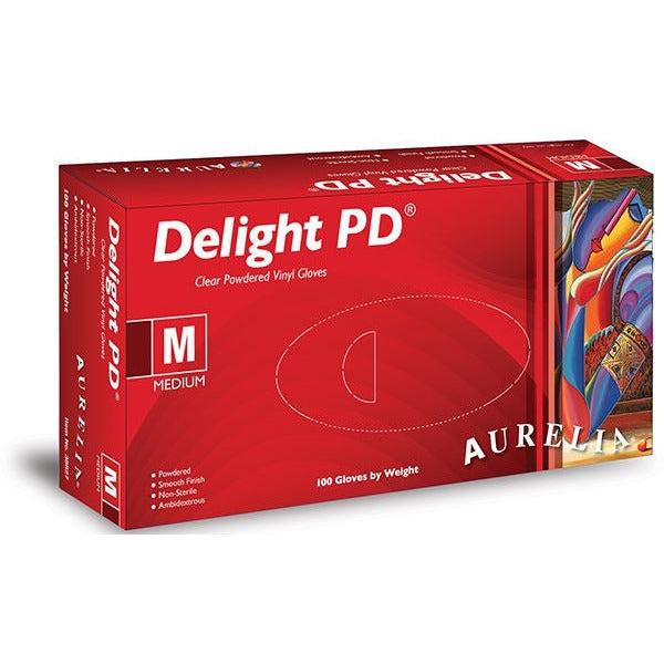 Aurelia® Delight Clear PD® powdered vinyl gloves in medium size, shown flat with open fingers, for hygiene and protection.