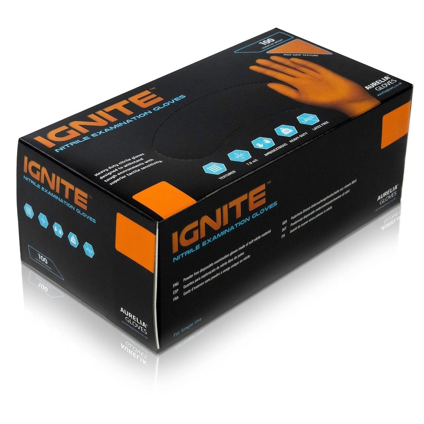 Box of 100 Aurelia Ignite powder-free orange nitrile gloves in medium size, designed for medical and industrial use.