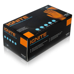Box of 100 Aurelia Ignite powder-free orange nitrile gloves in medium size, designed for medical and industrial use.