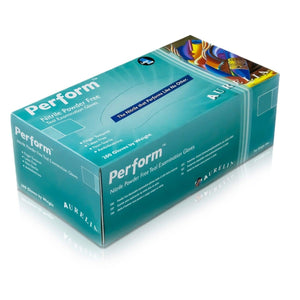 Box of 200 Aurelia Perform powder-free teal green nitrile gloves in extra large size, shown stacked in the image.