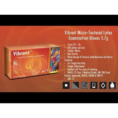 Aurelia Vibrant 100 Micro Textured Latex Examination Gloves 5.7g - Powder-Free - Extra Small (100)