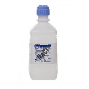 1000ml bottle of 0.9% sodium chloride irrigation solution with blue cap