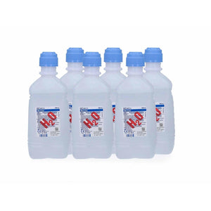 Six 1-liter bottles of Baxter sterile water shown in clear plastic packaging, suitable for medical or laboratory use.