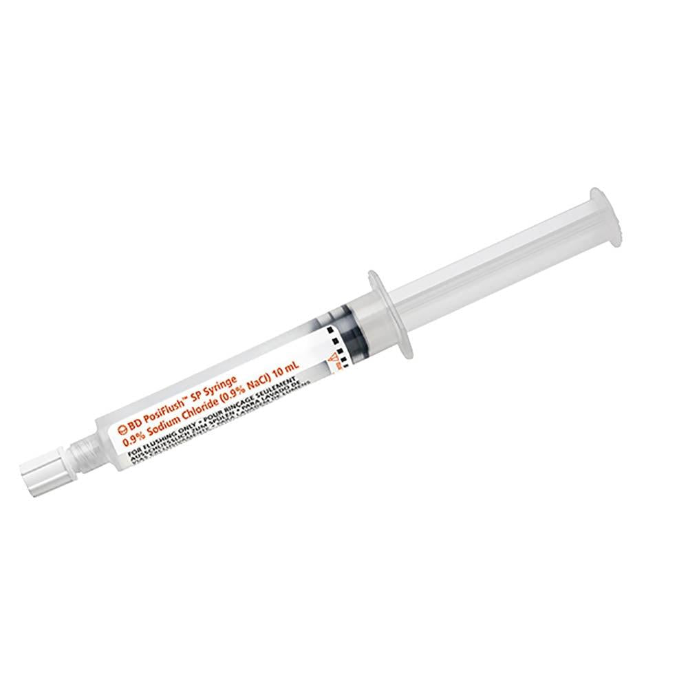 Pack of 30 sterile 10ml PosiFlush SP fluid path syringes by Becton Dickinson, with clear measurement markings and sterile packaging.