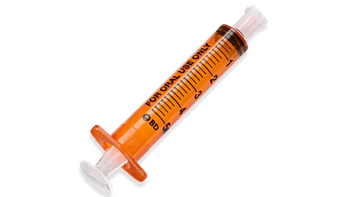 Becton Dickinson 5 mL amber oral syringe with tip cap, box of 100, used for precise liquid medication administration