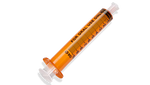 Amber 10ml BD™ oral syringe with tip cap, non-sterile, box of 100, used for precise liquid medication dispensing.