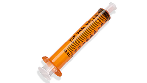 Amber 10ml BD™ oral syringe with tip cap, non-sterile, box of 100, used for precise liquid medication dispensing.