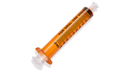 Amber 10ml BD™ oral syringe with tip cap, non-sterile, box of 100, used for precise liquid medication dispensing.