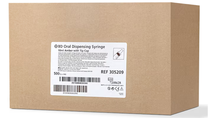 Box of 100 BD™ 10ml amber oral syringe with tip cap, non-sterile, for precise liquid medication dispensing.