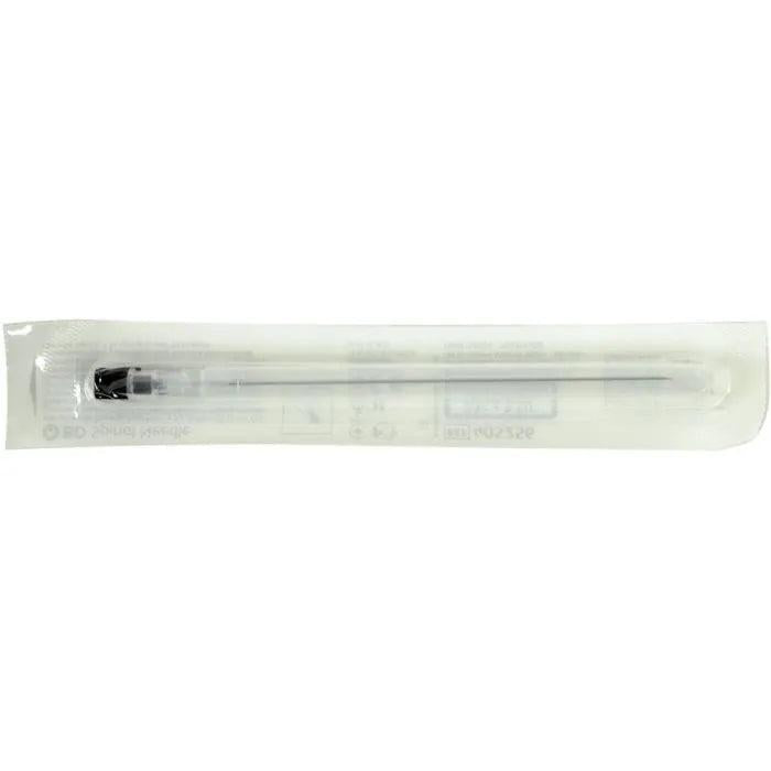 Sterile BD™ Long Length Spinal Needle with Quincke Bevel, 20G, single use, displayed in a medical setting.