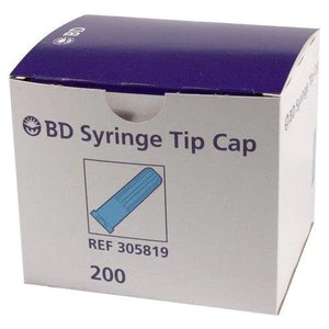 Blue BD Luer tip cap, individually wrapped, designed for medical syringes, in a box of 200 by Becton Dickinson.