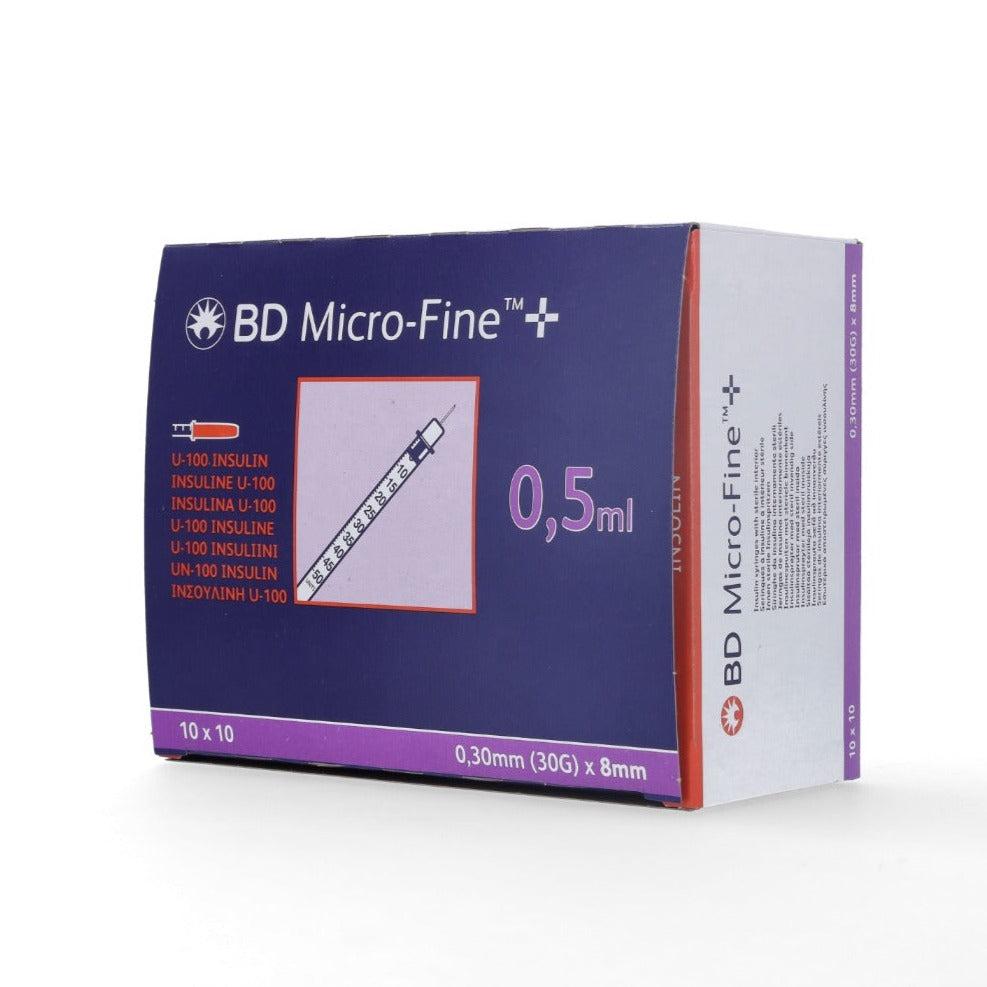 BD Micro Fine+ 0.5ml U100 insulin syringe with 30 gauge needle, 8mm length, set of 100 for precise insulin injection.