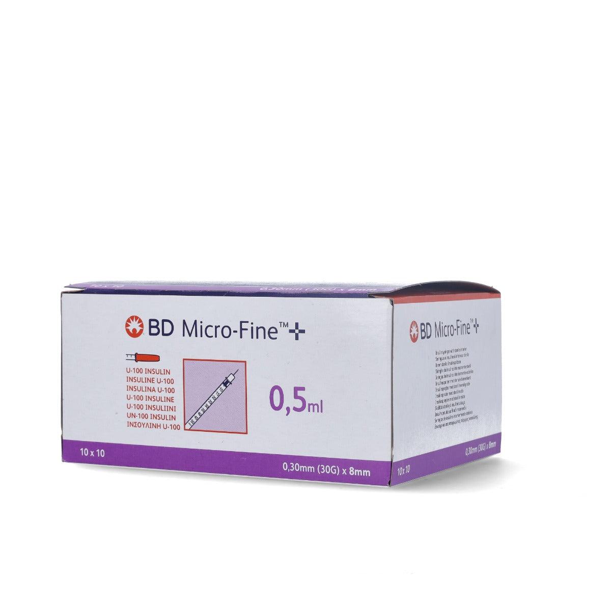 BD Micro Fine+ 0.5ml U100 insulin syringe with 30g x 8mm needle, sterile, for precise insulin administration.