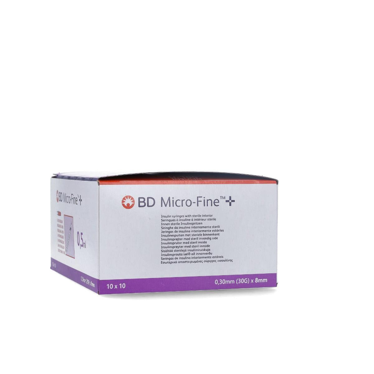 BD Micro Fine+ 0.5ml U100 insulin syringe with 30g x 8mm needle, designed for precise insulin injections.