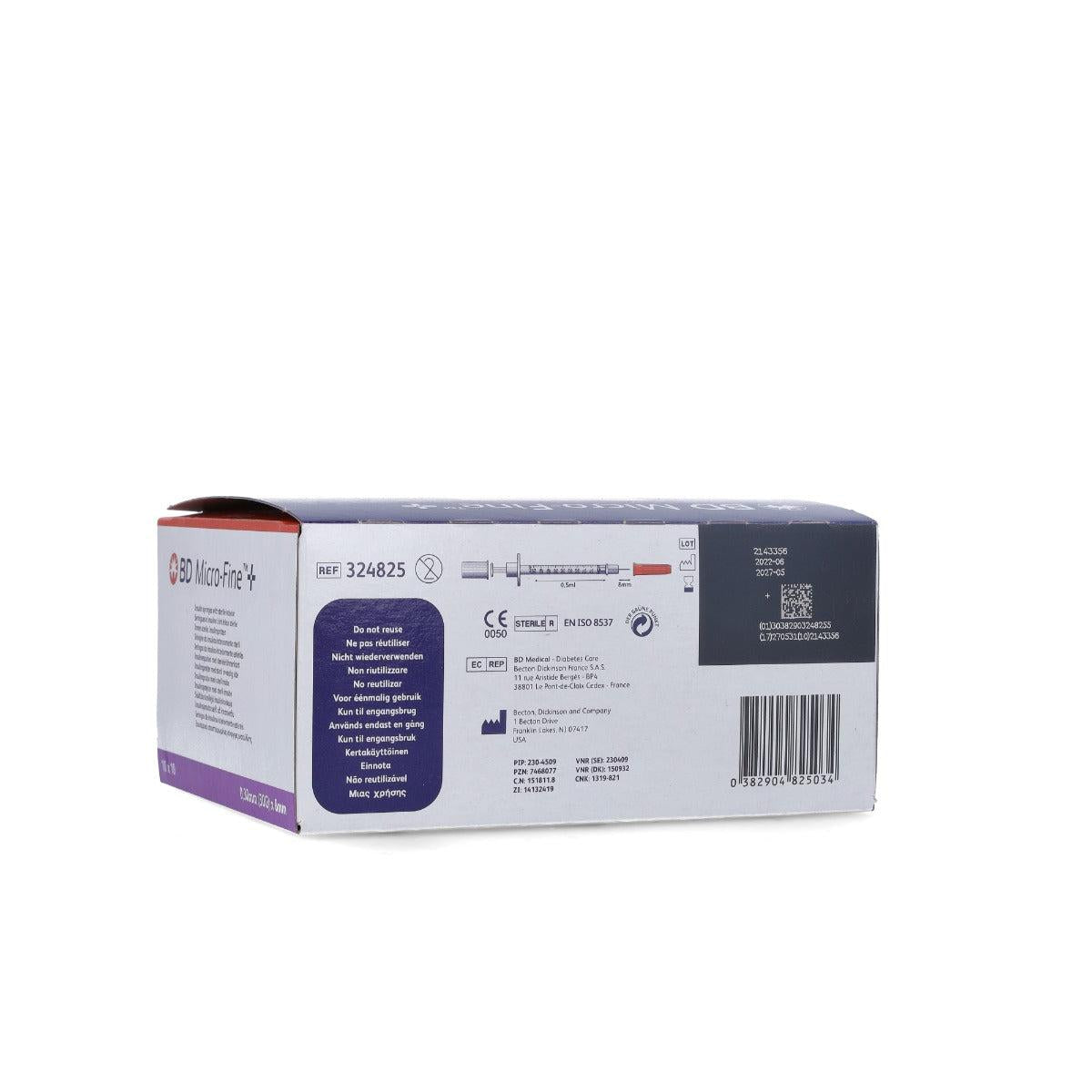 BD Micro Fine+ 0.5ml U100 insulin syringe with 30g x 8mm needle, designed for precise insulin injections.