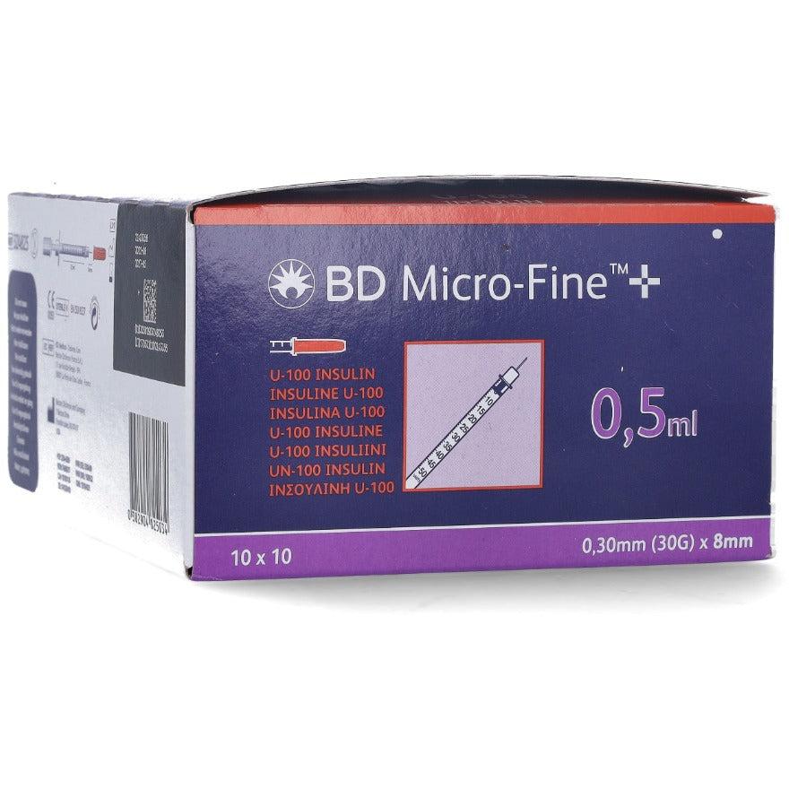 BD Micro Fine+ 0.5ml U100 insulin syringe with 30G, 8mm needle, designed for precise insulin injections.