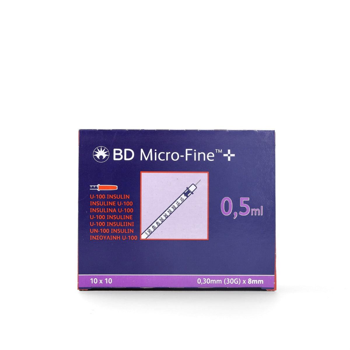 BD Micro Fine+ 0.5ml U100 insulin syringe with 30G 8mm needle, 100-pack, for precise insulin injections.
