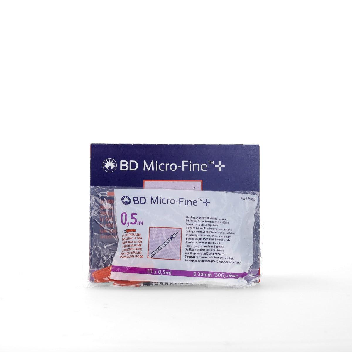 BD Micro Fine+ 0.5ml U100 insulin syringe with 30g 8mm needle, designed for precise insulin injections.
