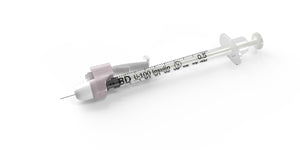 Pack of 100 BD Safety Glide insulin syringes, 0.5ml, 29G, 12.7mm needle, designed for safe insulin injection.