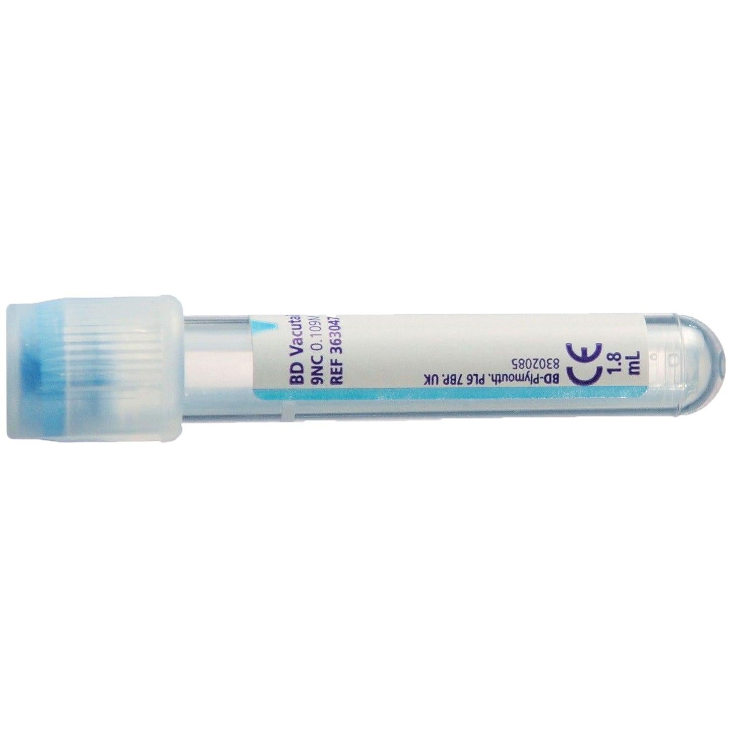 BD Vacutainer Citrate Plus Tube with BD Hemogard Safety Closure, blood collection tube with safety closure and blue cap.