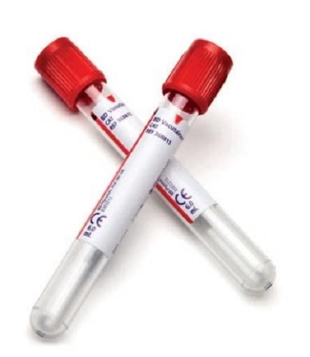 Set of 100 Becton Dickinson BD Vacutainer serum analysis tubes with silica clot activator, 4 ml capacity, for blood sample collection.