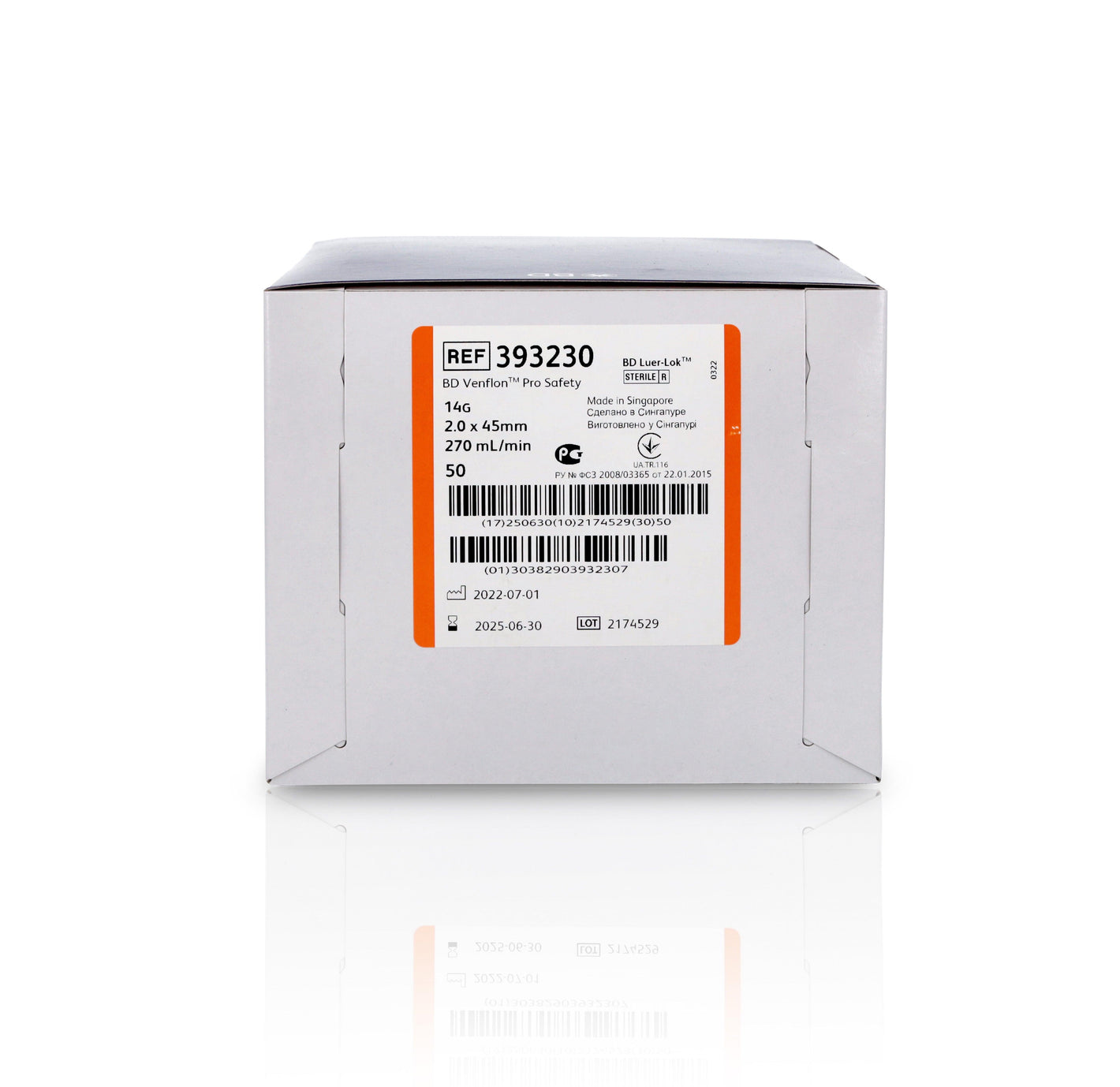 Orange BD Venflon Pro Safety 14G x 45mm IV cannula, sterile, in box of 50, designed for safe venous access.