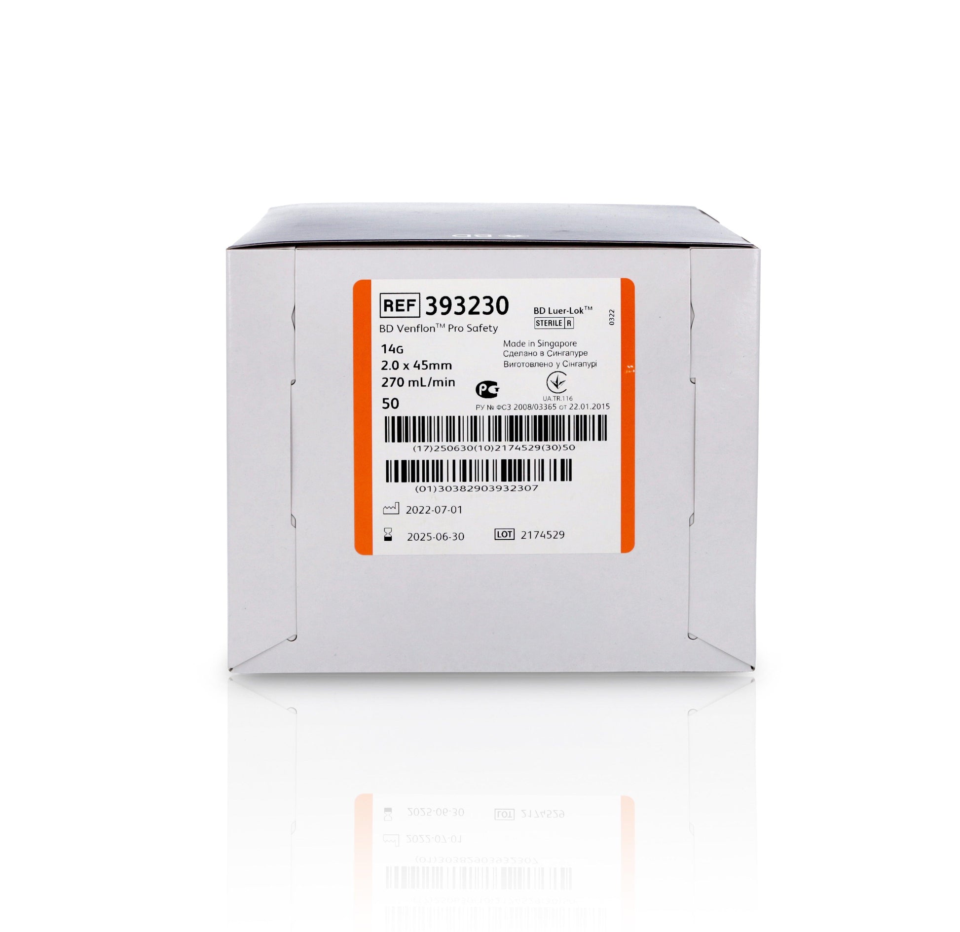 Orange BD Venflon Pro Safety 14G x 45mm IV cannula, sterile, in box of 50, designed for safe venous access.