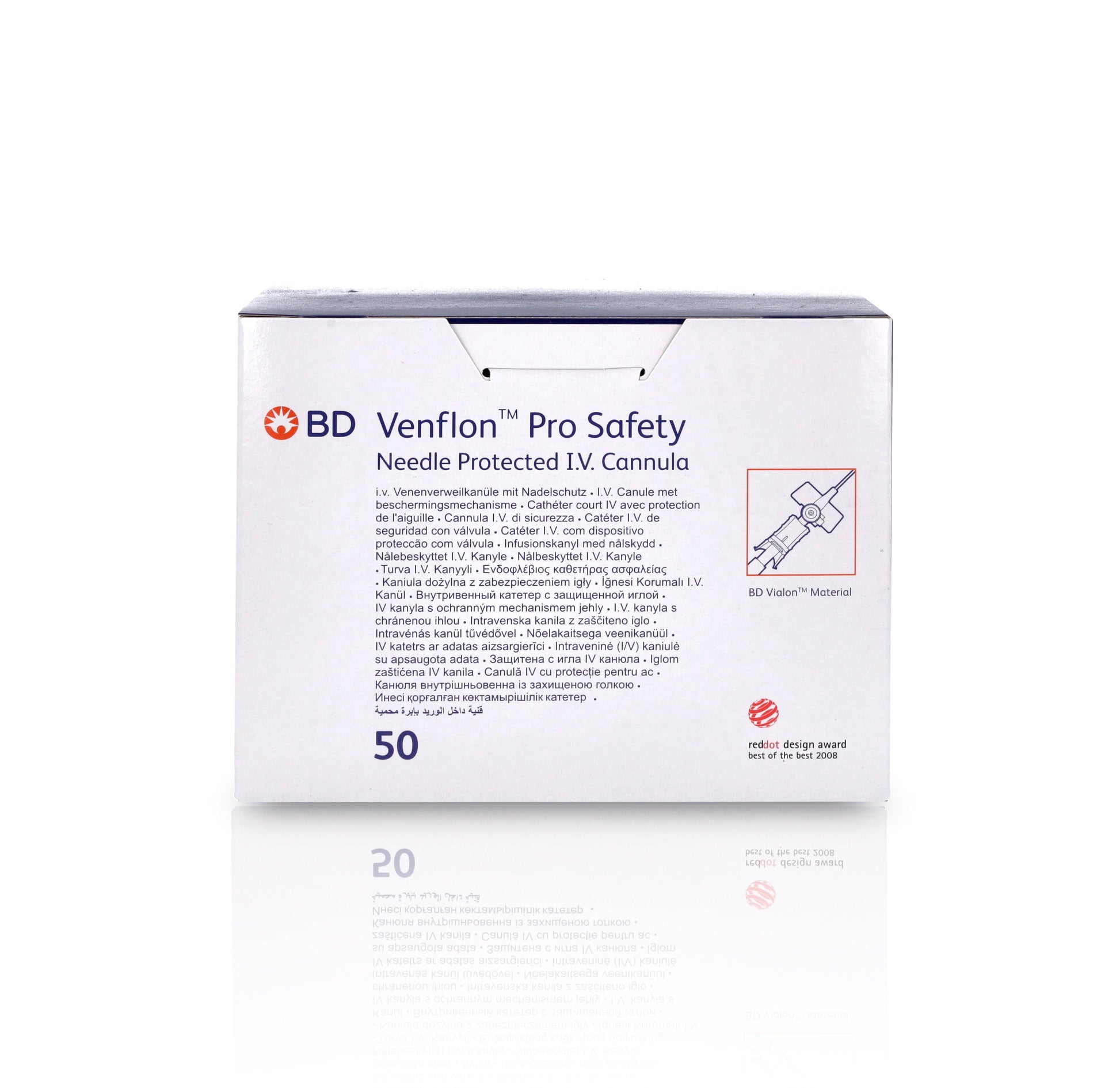 Orange BD Venflon Pro Safety 14g x 45mm intravenous cannulas in a box of 50, designed for safe venipuncture procedures.