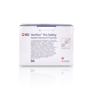 Orange BD Venflon Pro Safety 14g x 45mm intravenous cannulas in a box of 50, designed for safe venipuncture procedures.