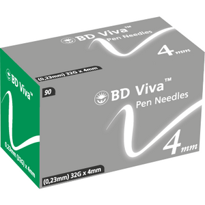 Box of 90 Becton Dickinson BD Viva™ pen needles, 0.23mm (32G) x 4mm, with visible needle tips and packaging.