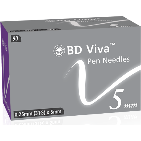 Box of 90 Becton Dickinson BD Viva™ pen needles, 0.25mm (31G), 5mm length, for insulin injections, in sealed packaging