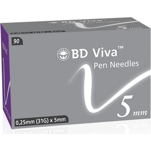 Box of 90 Becton Dickinson BD Viva™ pen needles, 0.25mm (31G), 5mm length, for insulin injections, in sealed packaging