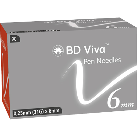 Box of 90 Becton Dickinson BD Viva™ Pen Needles, 0.25mm (31G) x 6mm, for insulin injection pens.
