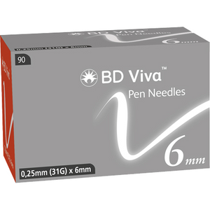 Box of 90 Becton Dickinson BD Viva™ Pen Needles, 0.25mm (31G) x 6mm, for insulin injection pens.