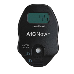 BHR A1CNOW+ HbA1c blood testing system with 10 test cartridges, compact device for diabetes blood sugar monitoring.