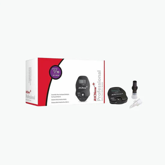 BHR A1CNOW+ HbA1c blood testing system with 10 tests, featuring a compact device and testing cartridges for diabetes monitoring.
