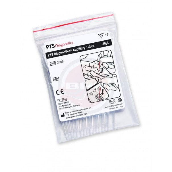 BHR Pharmaceuticals PTS capillary tubes with 40 µL capacity and 16 pipettes, used for precise liquid handling in laboratory settings.