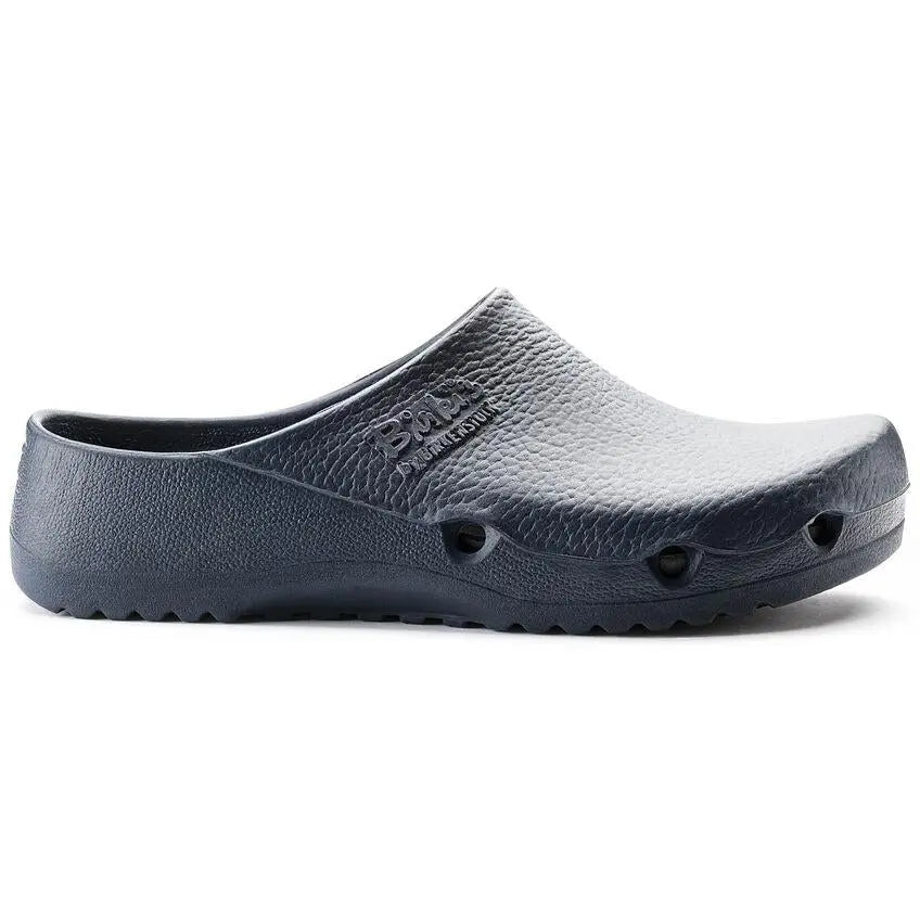 Birkenstock Klassik Birki PU Blue anti-static polyurethane sandal with cushioned footbed and adjustable strap.