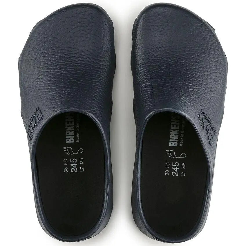Birkenstock Klassik Birki PU blue anti-static polyurethane sandal with adjustable straps and cushioned footbed.