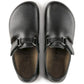 Birkenstock Linz SL NL black leather sandal with natural leather straps and buckle, resting on a white background.