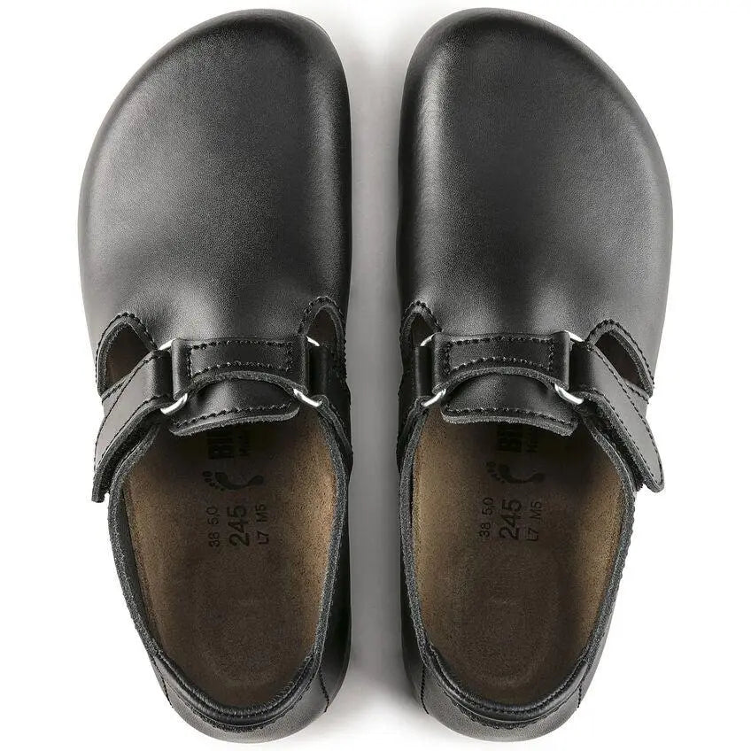 Birkenstock Linz SL NL black leather sandal with natural leather straps and buckle, resting on a white background.