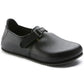 Birkenstock Linz SL NL black leather sandal with natural leather straps and adjustable buckle details.