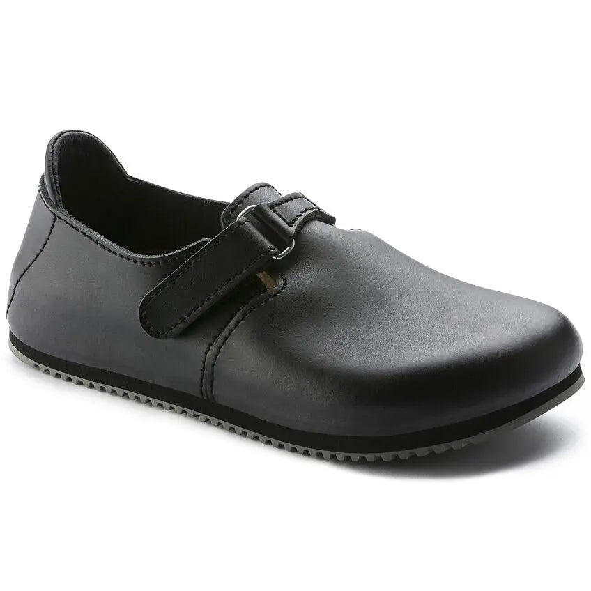 Birkenstock Linz SL NL black leather sandal with natural leather straps and adjustable buckle details.