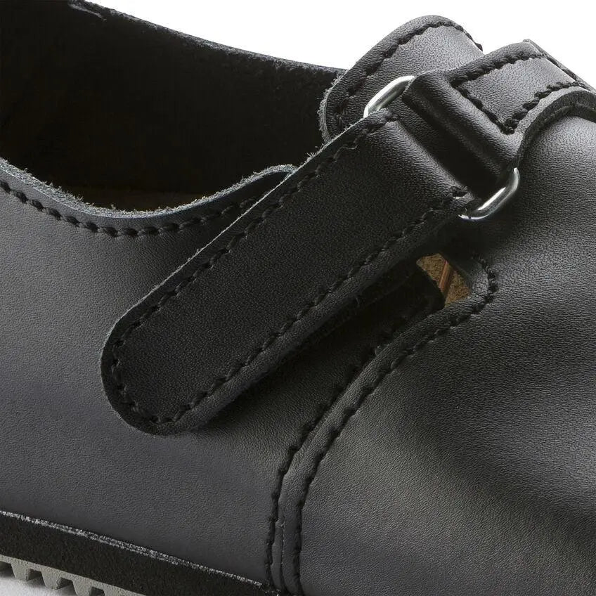 Black Birkenstock Linz SL NL sandal made of natural leather, showcasing the stylish strap design and comfort-focused construction.
