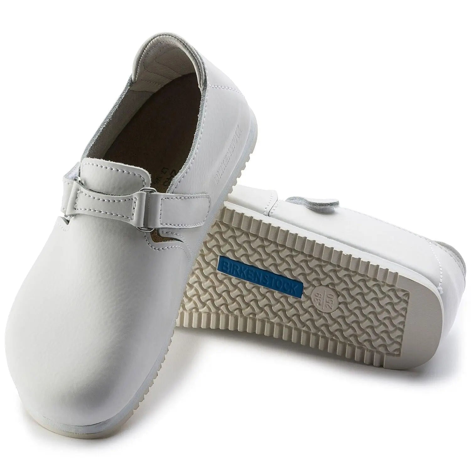 Birkenstock Linz Super Grip Slipper in natural leather with textured sole and adjustable straps, designed for comfort and stability