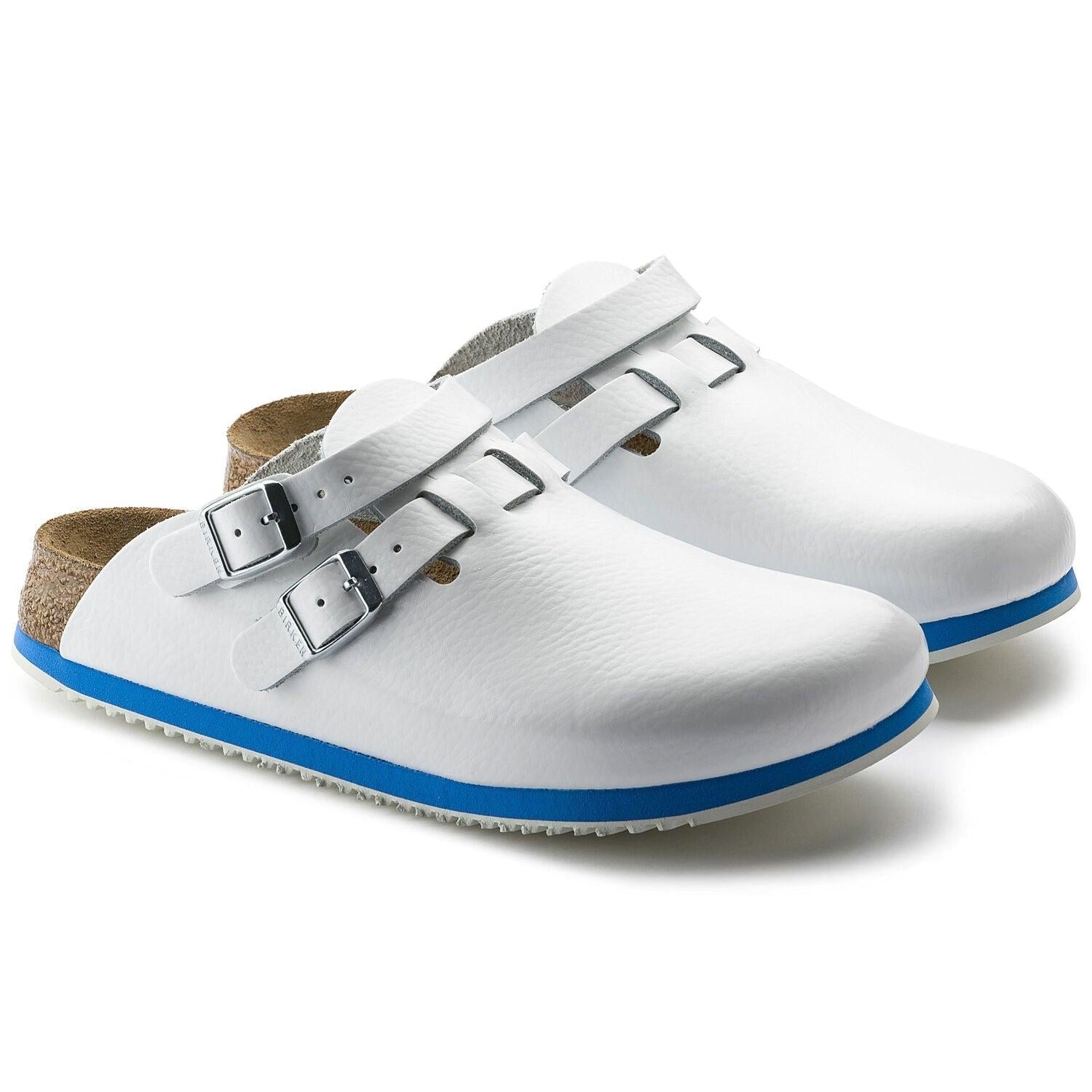 Birkenstock Kay nursing shoes in natural leather, showing their comfortable slip-on design with adjustable straps and supportive soles.